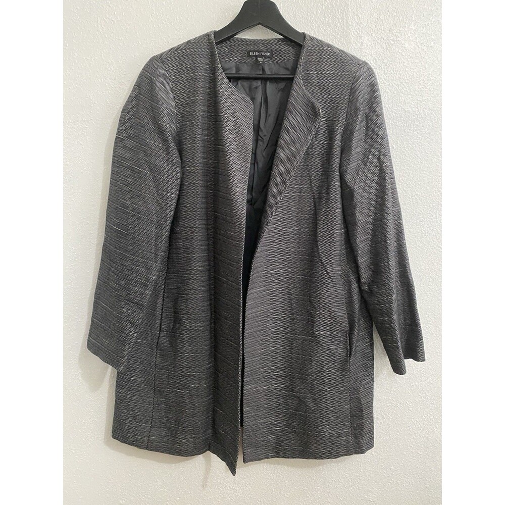 Eileen Fisher Quiet Luxury Black Gray Open Front Long Blazer Jacket S G62